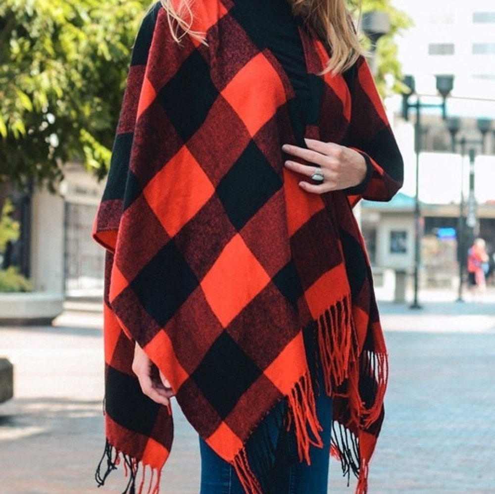 Red Black Buffalo Check Poncho Tassels